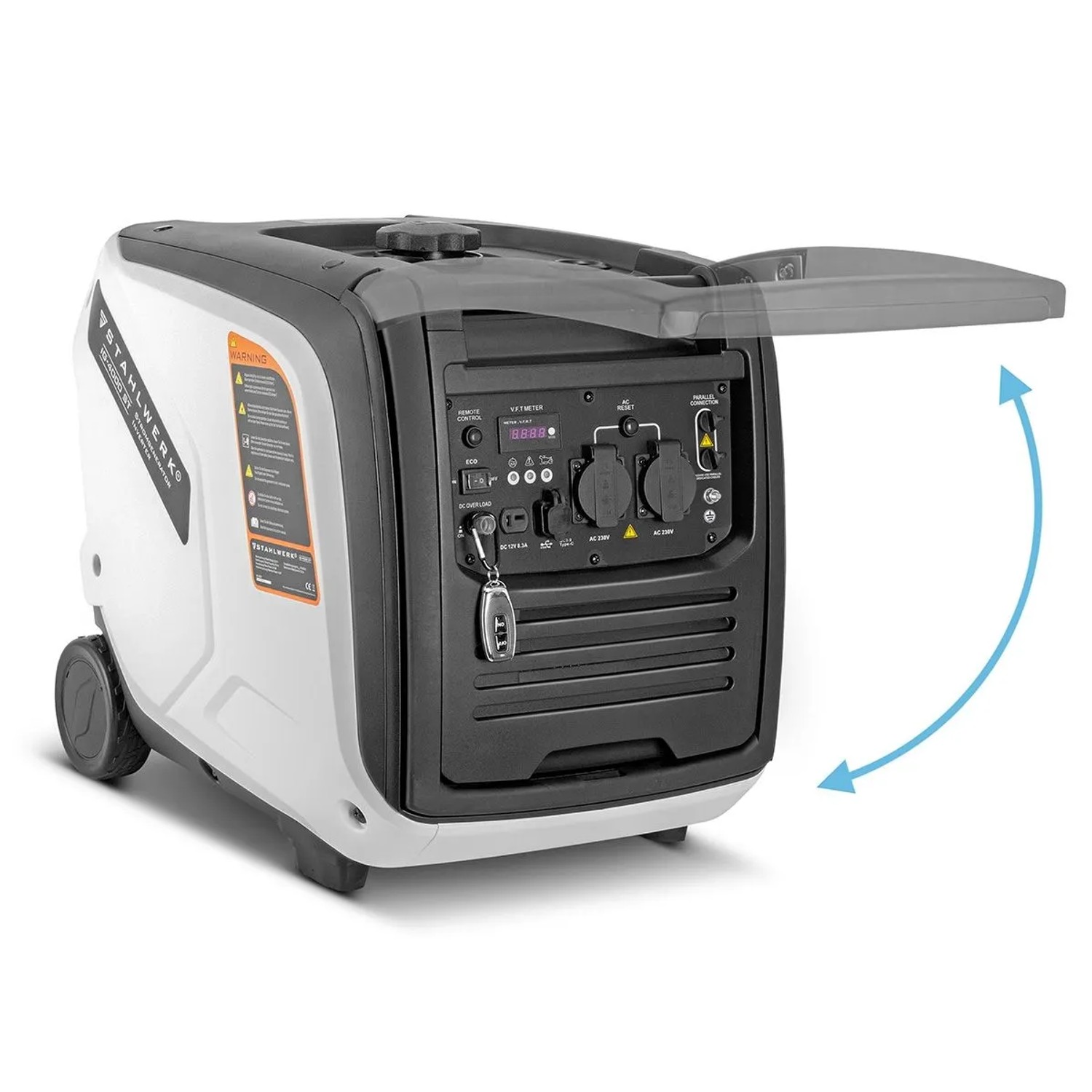 STAHLWERK IG 4000 ST Benzin Inverter Stromgenerator, 4 kW, weiß-schwarz, offene Klappe zeigt Anschlüsse.