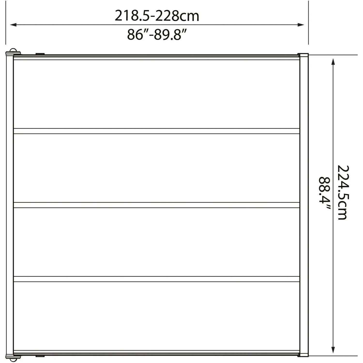 Maße des grauen Palram Terrassendachs Sierra, 230x230 cm, mit Höhenangaben.