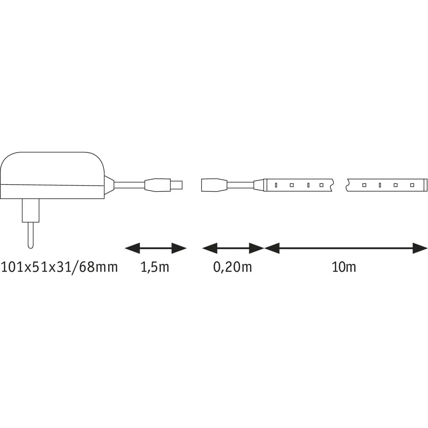 Skizze: Paulmann SimpLED Strip Set, 10m LED-Streifen mit Trafo und Zubehör.