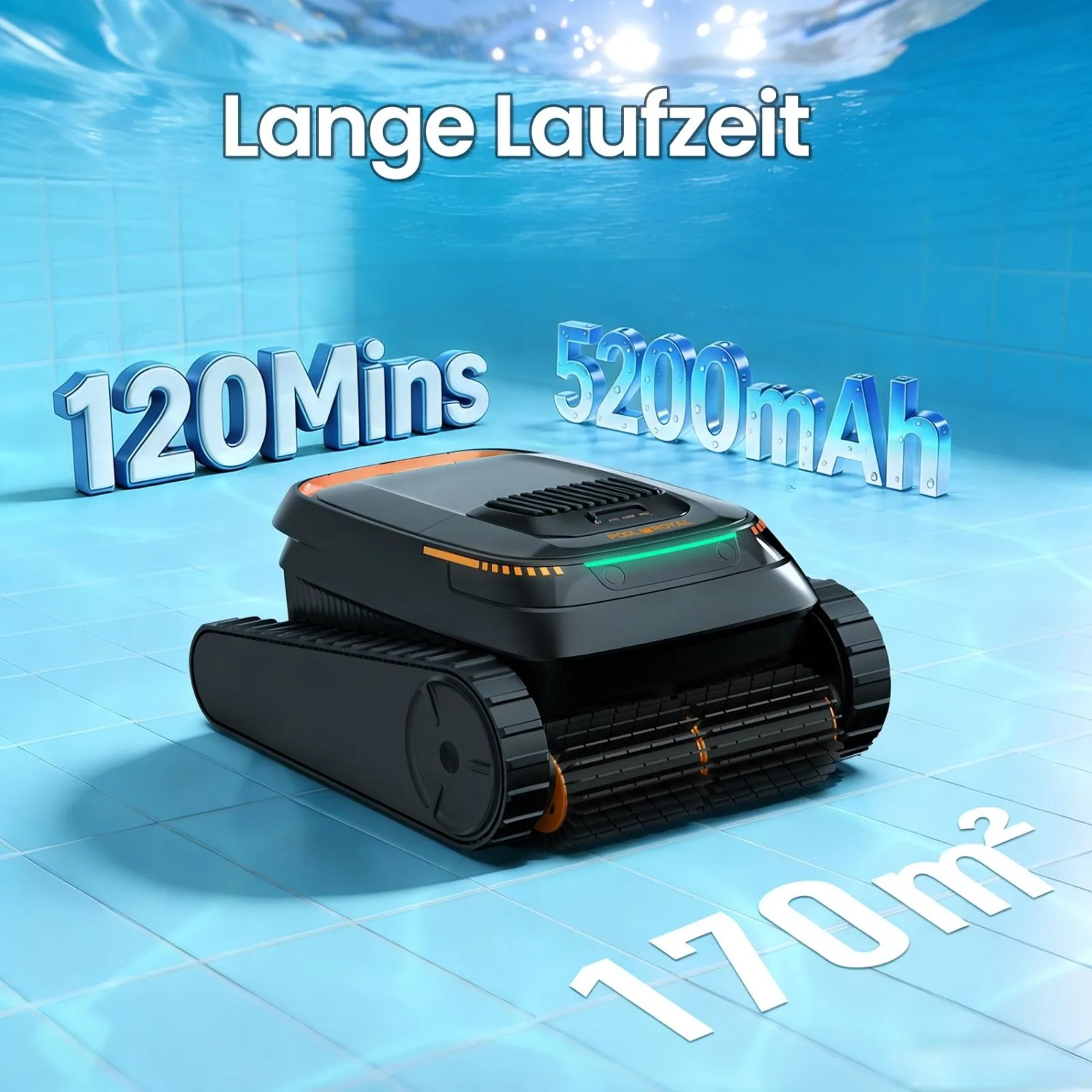 Akku-Poolroboter PR10 im Pool. Poolsauger mit Raupenantrieb, reinigt bis 170m².