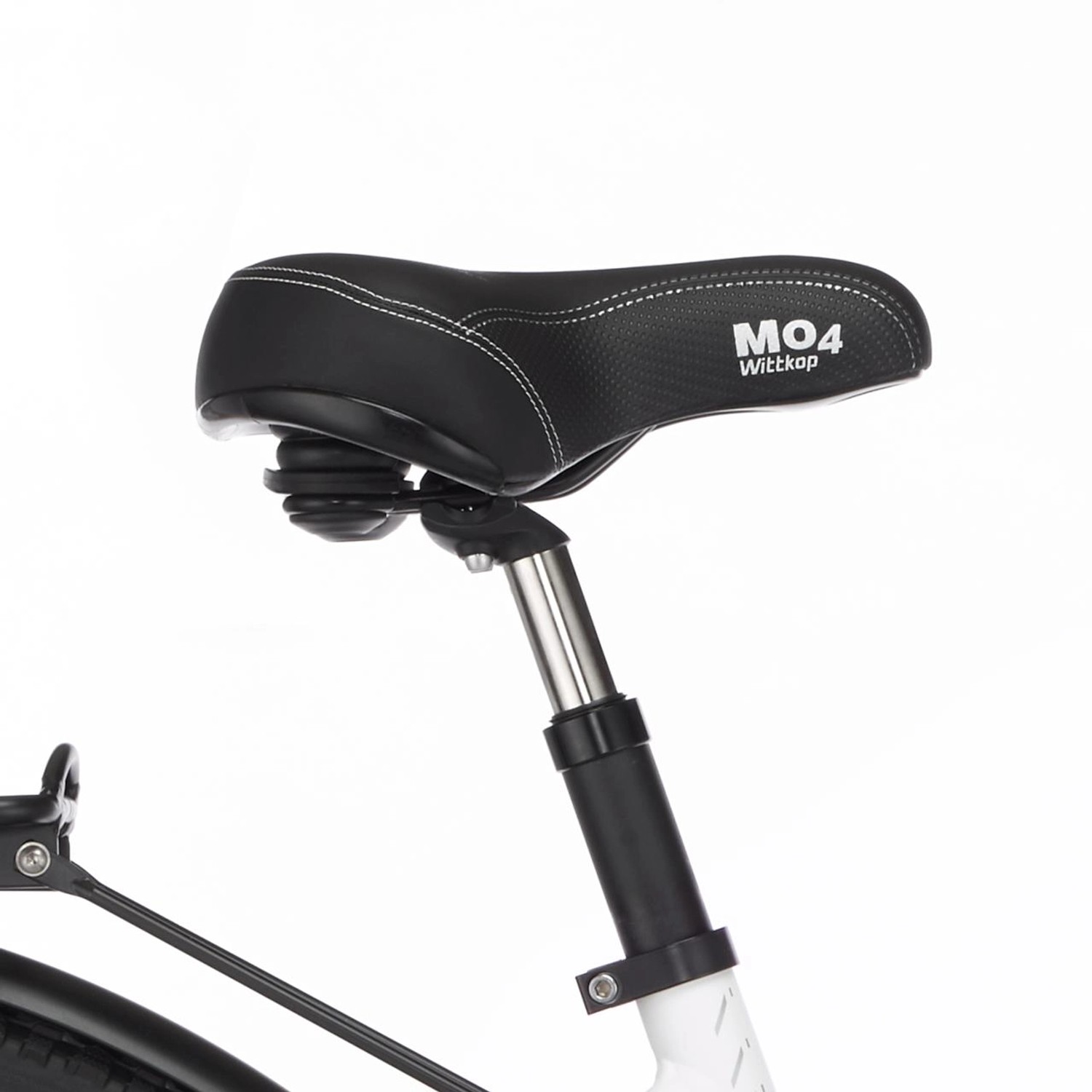 Detailaufnahme: Schwarzer Wittkop Sattel mit Federung am Fischer E-Bike City-Fahrrad Cita 3.1i.