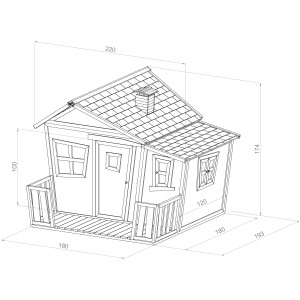 Axi Lisa Spielhaus im Crooked Design, braun-weiß, mit Veranda, Tür, Fenster und Kamin. Abmessungen sind eingezeichnet.