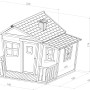 Axi Lisa Spielhaus im Crooked Design, braun-weiß, mit Veranda, Tür, Fenster und Kamin. Abmessungen sind eingezeichnet.