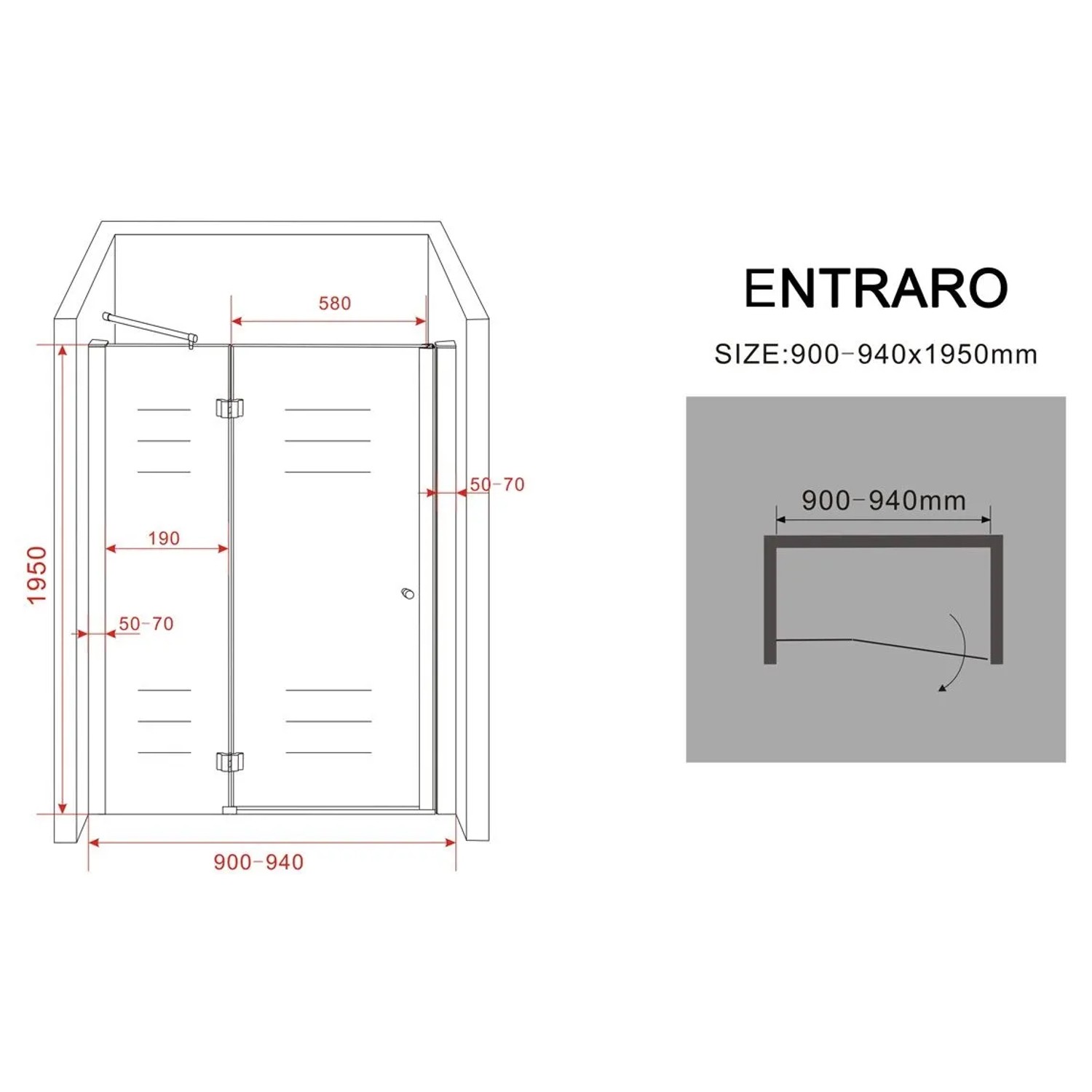 Skizze der Glasdeals Nischentür ENTRARO 90x195 cm, rahmenlose Duschtür mit Maßangaben.
