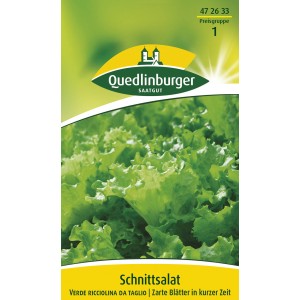 Samenpackung Quedlinburger Schnittsalat 'Verde ricciolina da taglio' mit frischen, grünen Salatblättern.