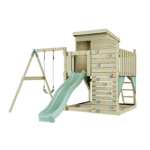 PolarPlay Spielturm Alma mit Schaukel und Rutsche, aus Holz, mintgrüne Akzente.