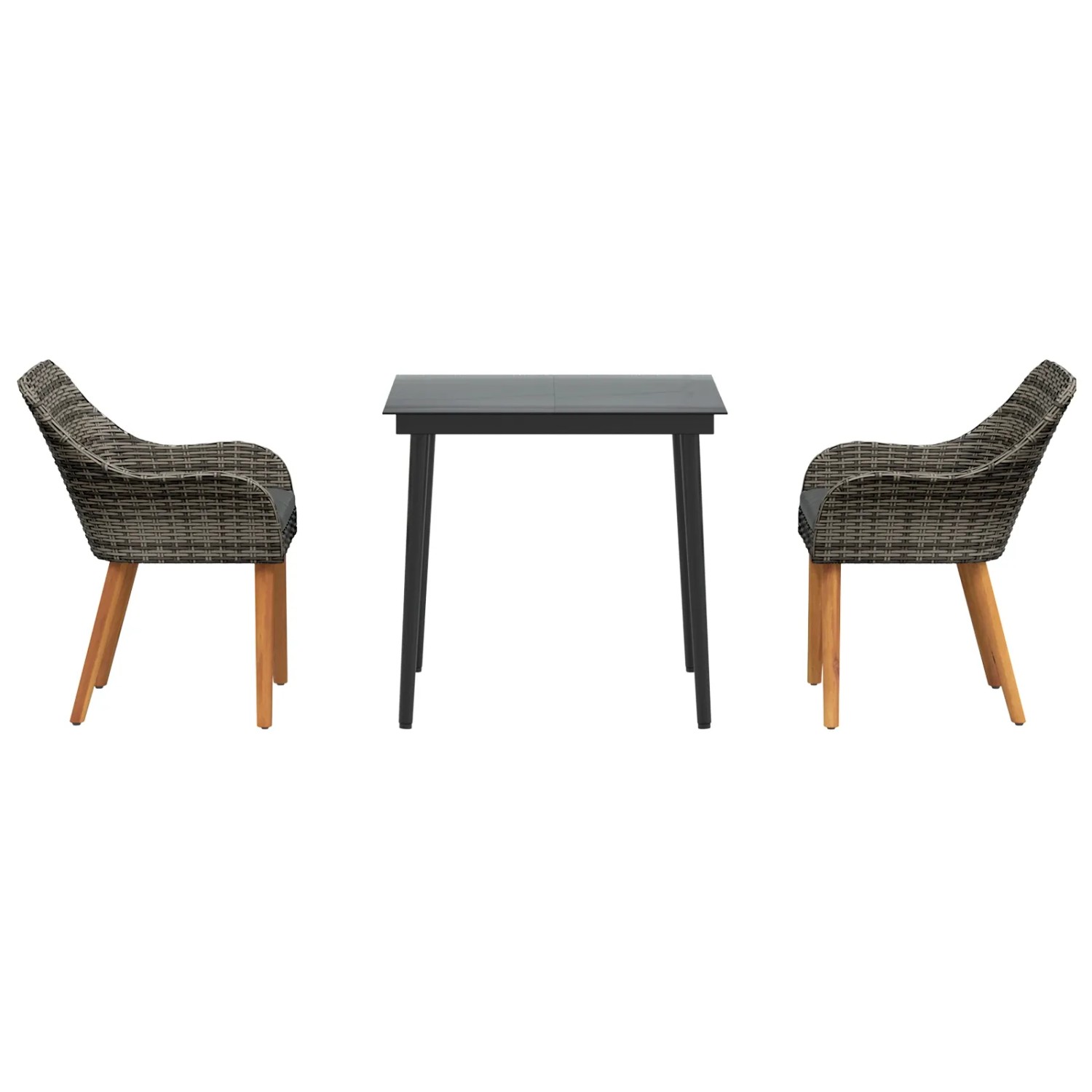 3-teiliges Garten Essset aus grauem Poly Rattan mit Tisch und 2 Stühlen.