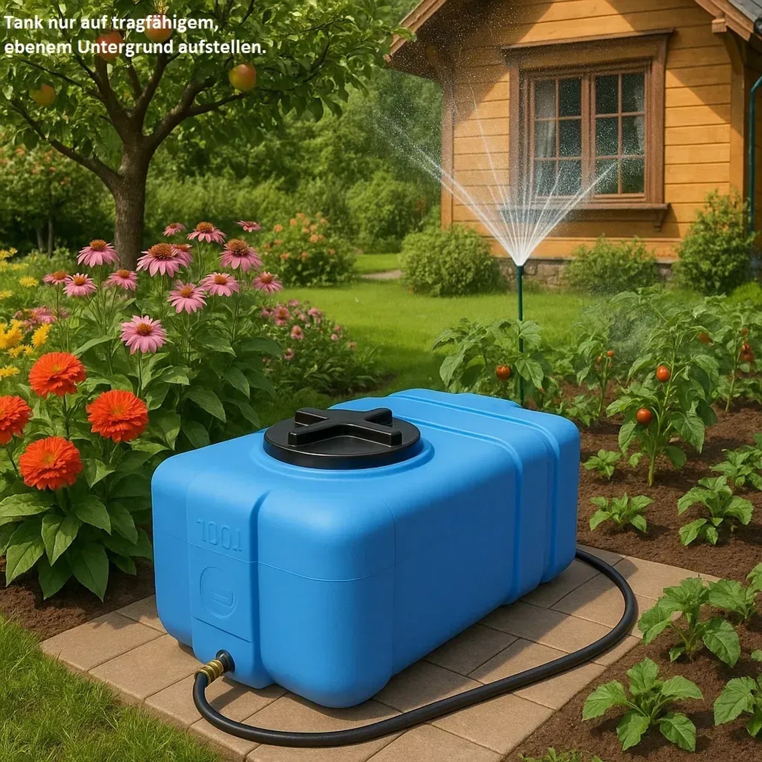 Blauer KMND 100L Rechteck Wassertank im Garten mit Bewässerung.