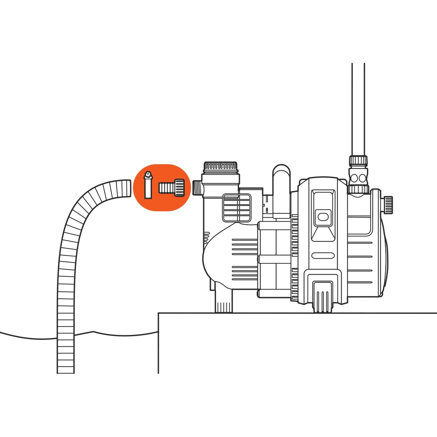 Gardena Saugschlauch-Anschlussstück (1 Zoll) an Pumpe mit Schlauch dargestellt.