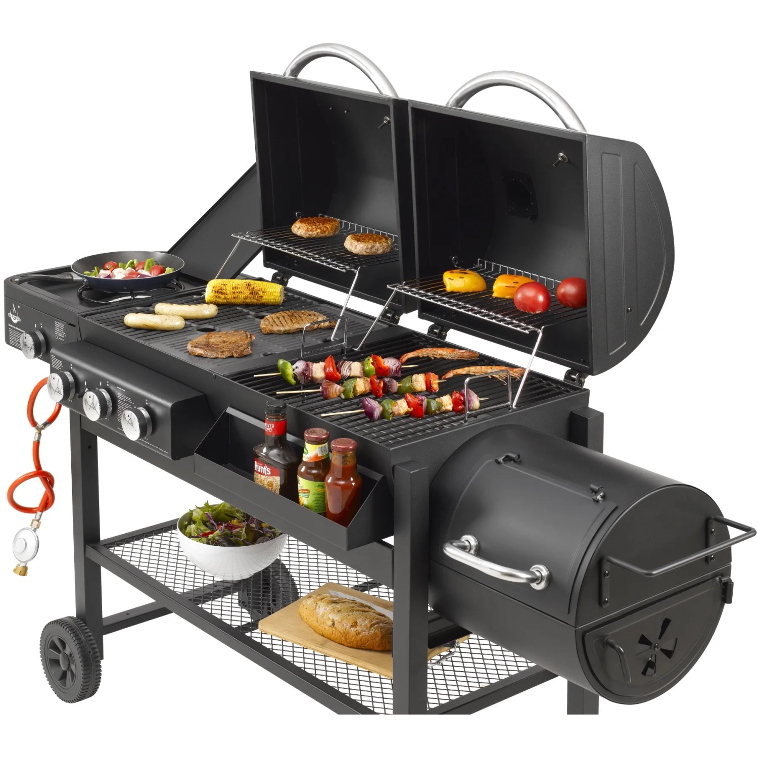 El Fuego 3in1 Kombigrill Sierra: Gas-, Kohle- & Smoker-Grill mit 3 Brennern und Seitenbrenner, schwarz.