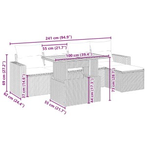 vidaXL Garten-Sofagarnitur, 6-teilig, beige Poly Rattan, mit Maßangaben.
