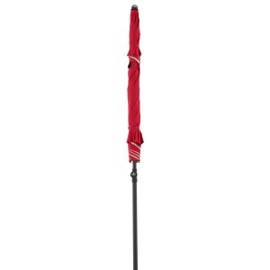 Geschlossener, roter Doppler Strandschirm Windprofi Neo 200 mit schwarzem Gestell.