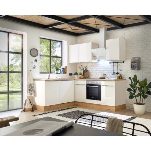 Respekta Winkelküche Marleen 220 cm in Artisan-Eiche und Weiß mit E-Geräten.