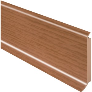 Sockelleiste Nussbaum, 60mm hoch, aus Hartschaumkern. Detailaufnahme der Fußleiste.