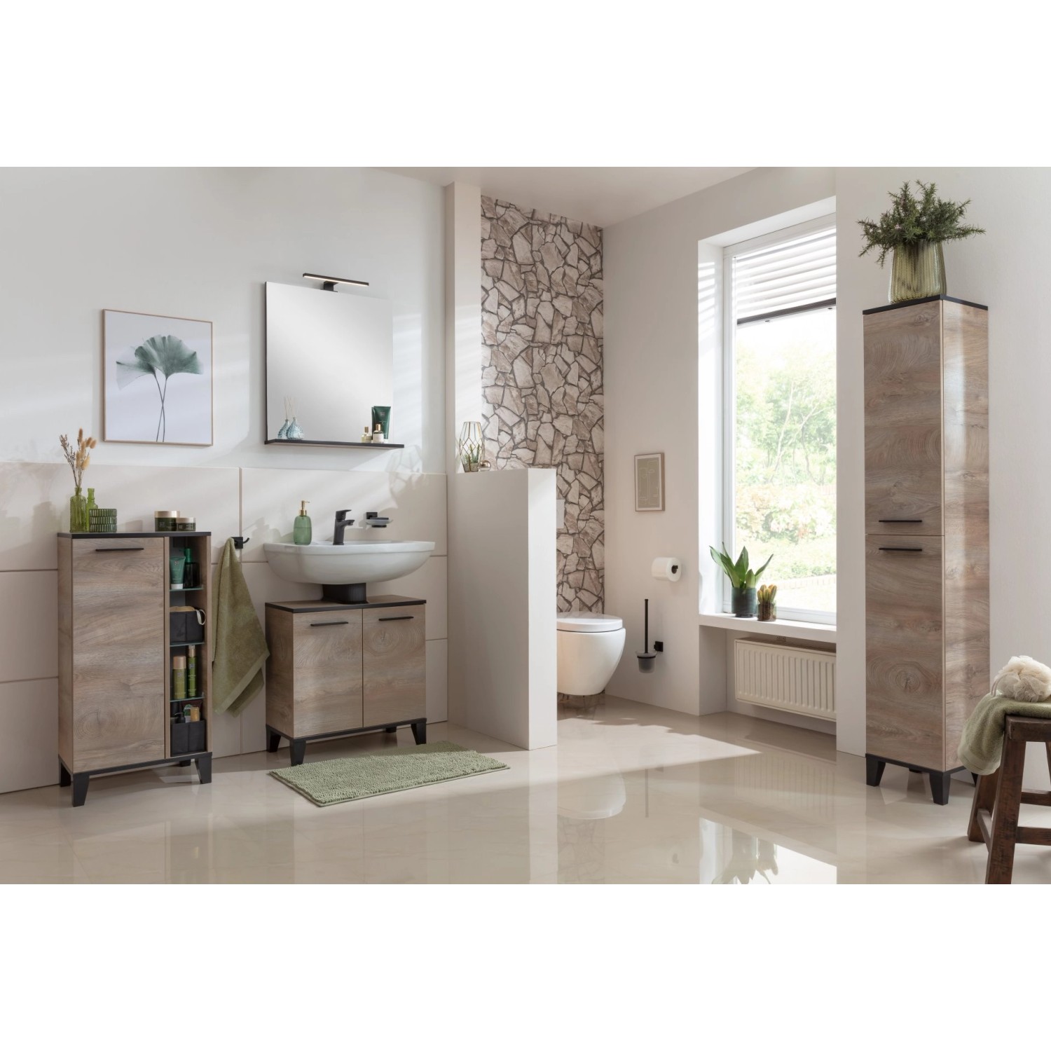 Badezimmer-Set mit Fackelmann Waschbeckenunterschrank TE-A in Nature Oak, Unterschrank mit zwei Türen.