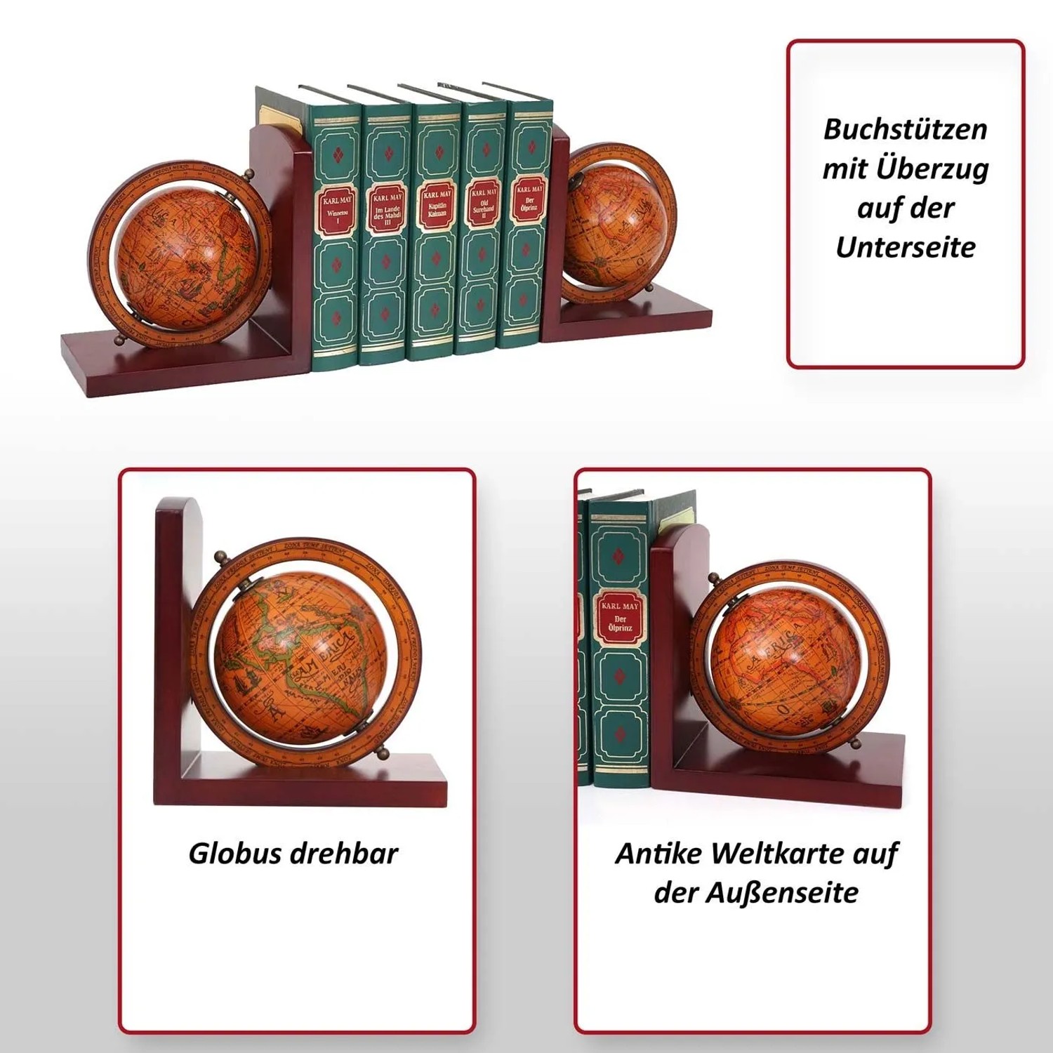 Braunes 2er-Set Buchstützen mit drehbaren Weltkugeln und antiker Weltkarte, hält Bücher.