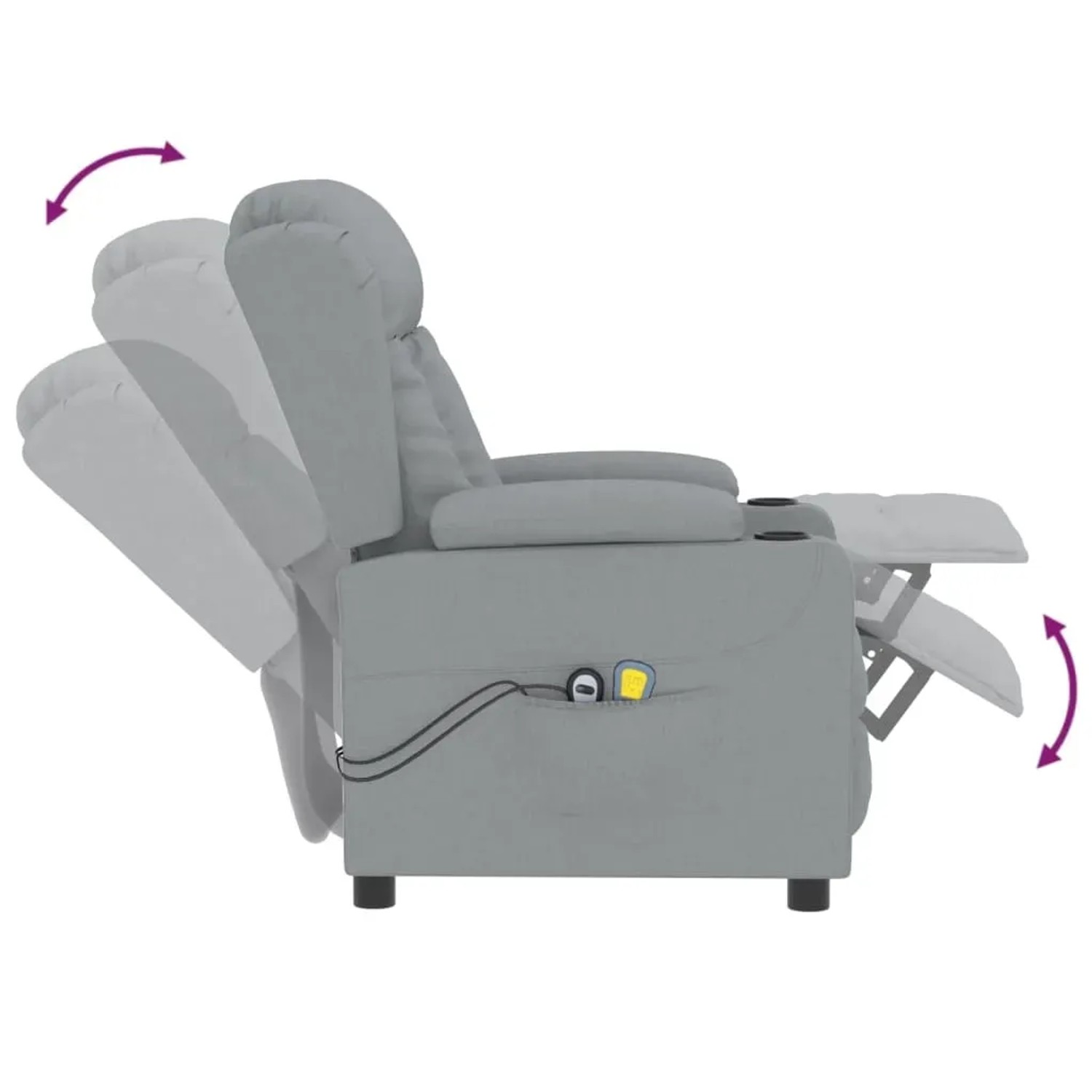 Elektrischer Massagesessel, hellgrauer Stoff, mit Getränkehaltern und Liegefunktion.