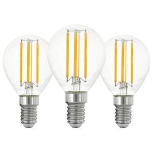Drei E14 LED Leuchtmittel in Glühlampenform, 7W, warmweißes Licht.