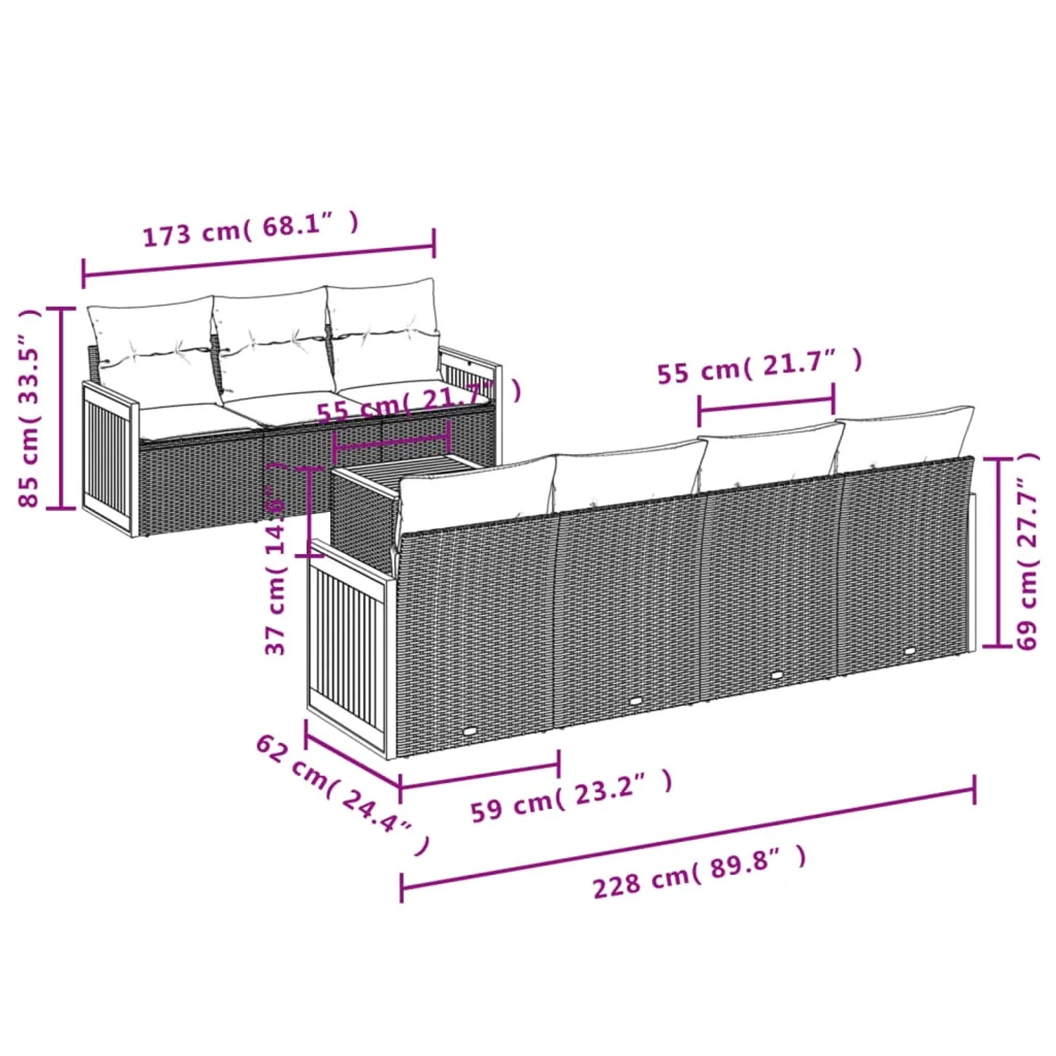 vidaXL 8-tlg. Garten-Sofagarnitur, beige Poly Rattan, mit Maßen. Ideal für Terrasse und Garten.