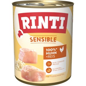 Rinti Sensible Hunde-Nassfutter mit Huhn und Reis, 800g Dose für ernährungssensible Hunde.