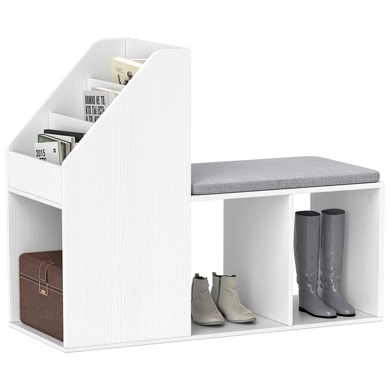 Weiße Costway Schuhbank mit grauem Sitzkissen, seitlichem Bücherregal und offenen Fächern für Schuhe.