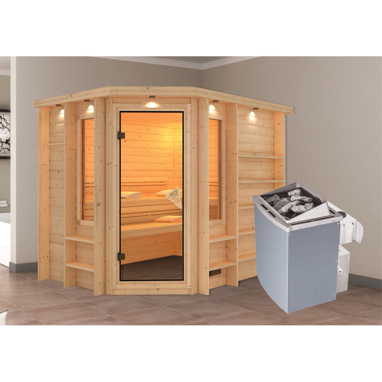 Karibu Sauna-Set Risa inkl. Ofen 9 kW mit integr. Steuerung