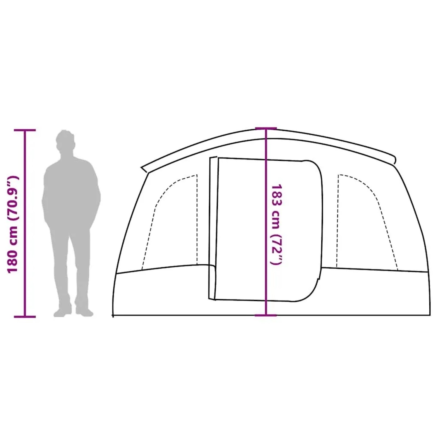 Maßzeichnung des vidaXL Tunnel-Familienzeltes, 183 cm hoch, mit Person zur Größenreferenz. Campingzelt für 8 Personen.