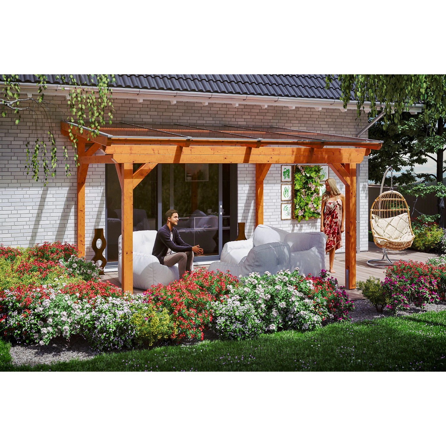 Skan Holz Terrassenüberdachung Sanremo 434 x 300 cm Leimholz Eiche hell