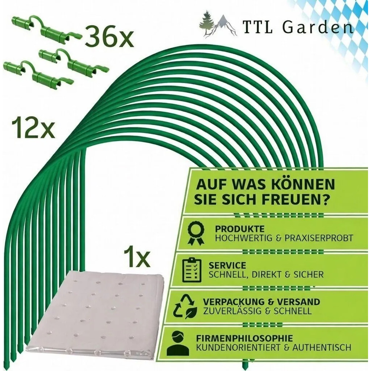TTL GARDEN Pflanztunnel Set: 12 Bögen, 36 Clips, PE Folie. Frühbeet-Tunnel für Gemüse, Kräuter und Gartenpflanzen.