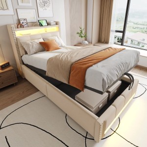 Beiges Polsterbett 90x200cm mit hydraulischem Bettkasten, LED-Beleuchtung, USB-Anschluss und Nieten-Kopfteil.