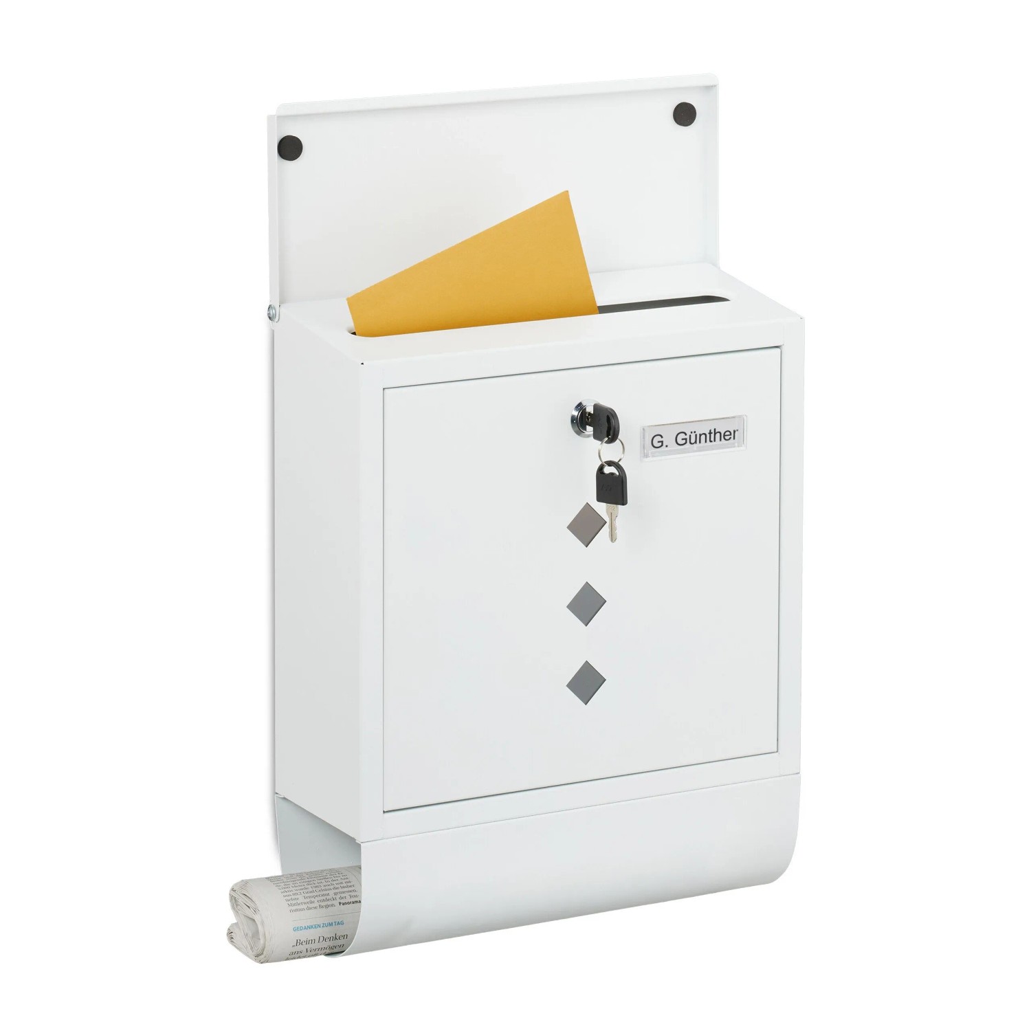 Relaxdays Briefkasten mit Zeitungsfach Eisen Weiß Abschließbar 38 cm x 31 cm x 13 cm 2,7 kg