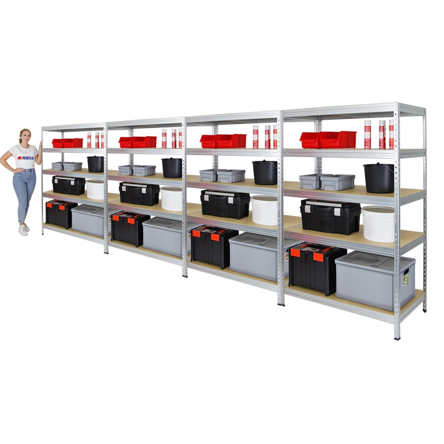 PROREGAL Mega Deal: 4 verzinkte Schwerlastregale 180x120x60cm mit je 5 Böden und diversen Boxen.