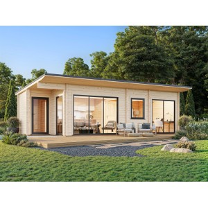 Palmako Ferienhaus Cecilia, 890x420 cm, naturbelassen, mit Terrasse und großen Fensterfronten.
