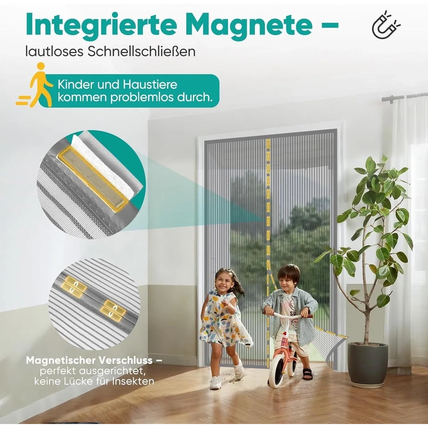 Grauer Sekey Insektenschutz-Türvorhang 95x210cm mit Magnetverschluss. Kinder & Haustiere passieren ihn mühelos. Katzensicher.