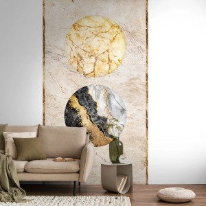 Fototapete Marmoroptik in Beige, Gold und Schwarz mit zwei Kreismotiven.