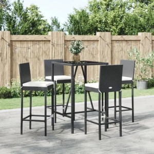 vidaXL Gartenbar-Set, 5-teilig, schwarz, Poly Rattan, mit Tisch, 4 Barhockern und Kissen.