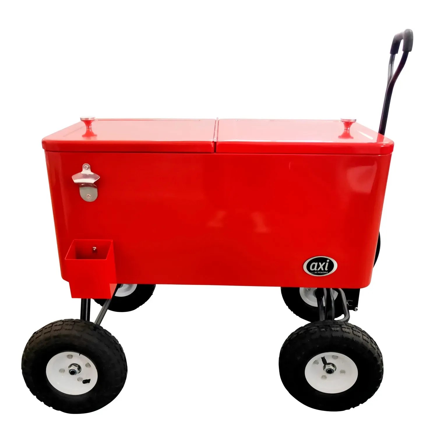 Roter Axi Bollerwagen mit Kühlbox (76 l), Rädern, Griff und Flaschenöffner.