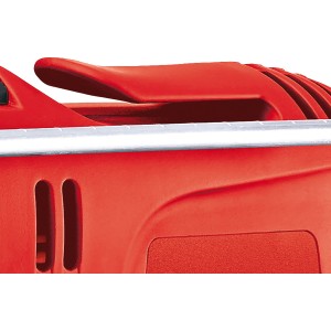 Detailaufnahme der roten Einhell TC-ID 650 E Schlagbohrmaschine mit Tiefenanschlag.