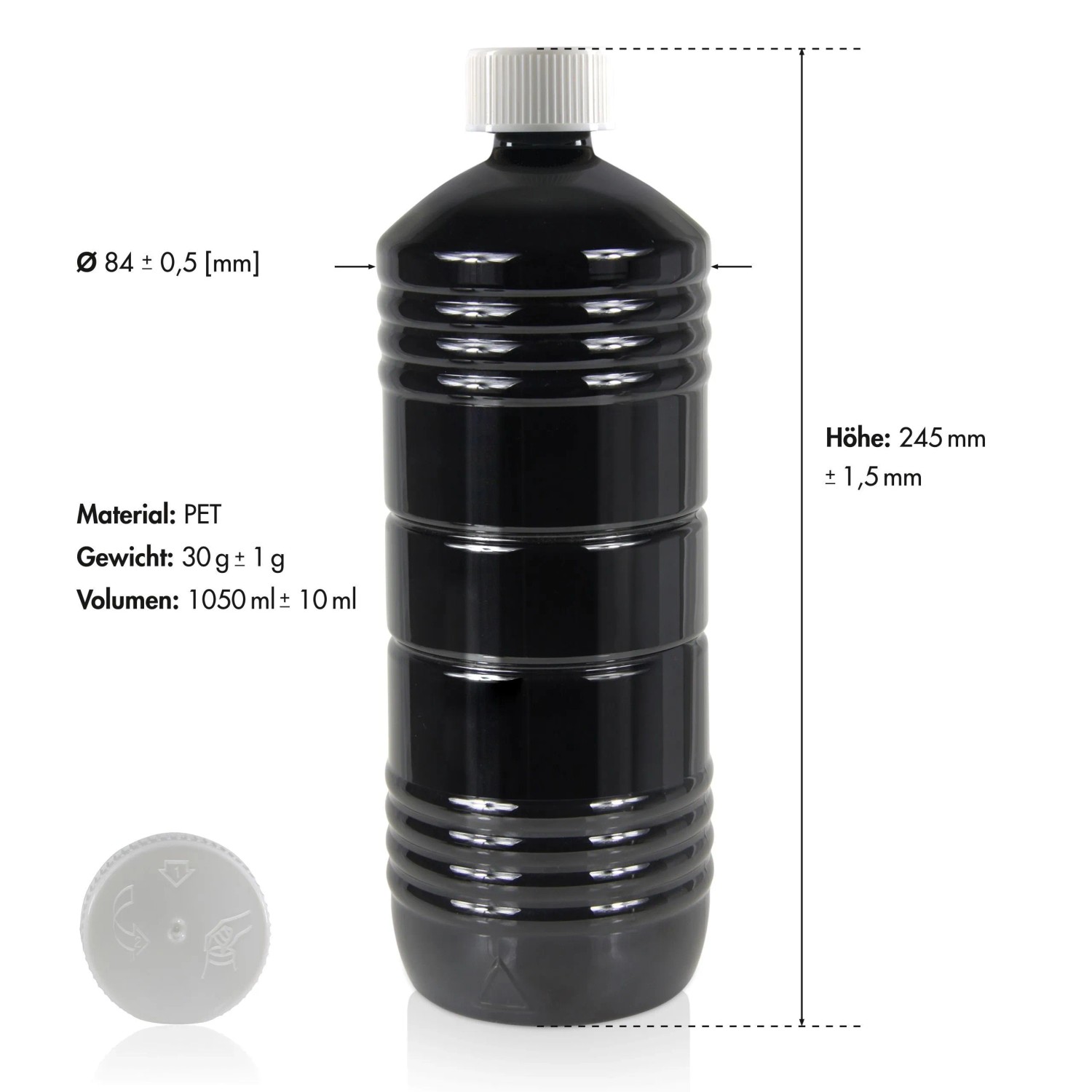 Schwarze Flasche Flambiol Petroleum Heizöl, 1 Liter, mit weißem Deckel. Brennstoff für Öfen und Lampen.