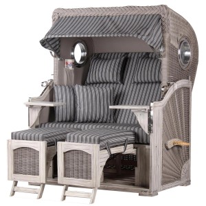 bene living Strandkorb Ammersee, Mahagoni, washed grey, mit Bullaugen, ausziehbaren Fußstützen und Bistrotischen.