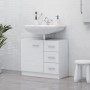 Weißer Waschbeckenunterschrank mit Schubladen und Waschbecken für Badmöbel-Set.