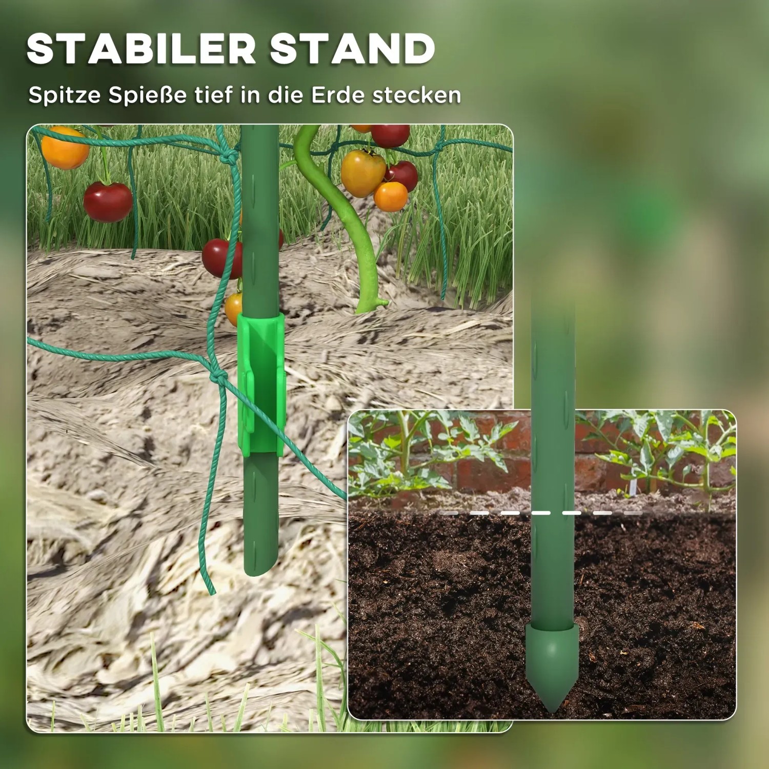 Detailaufnahme Rankhilfe: Spitze Erdspieße für stabilen Stand im Garten.