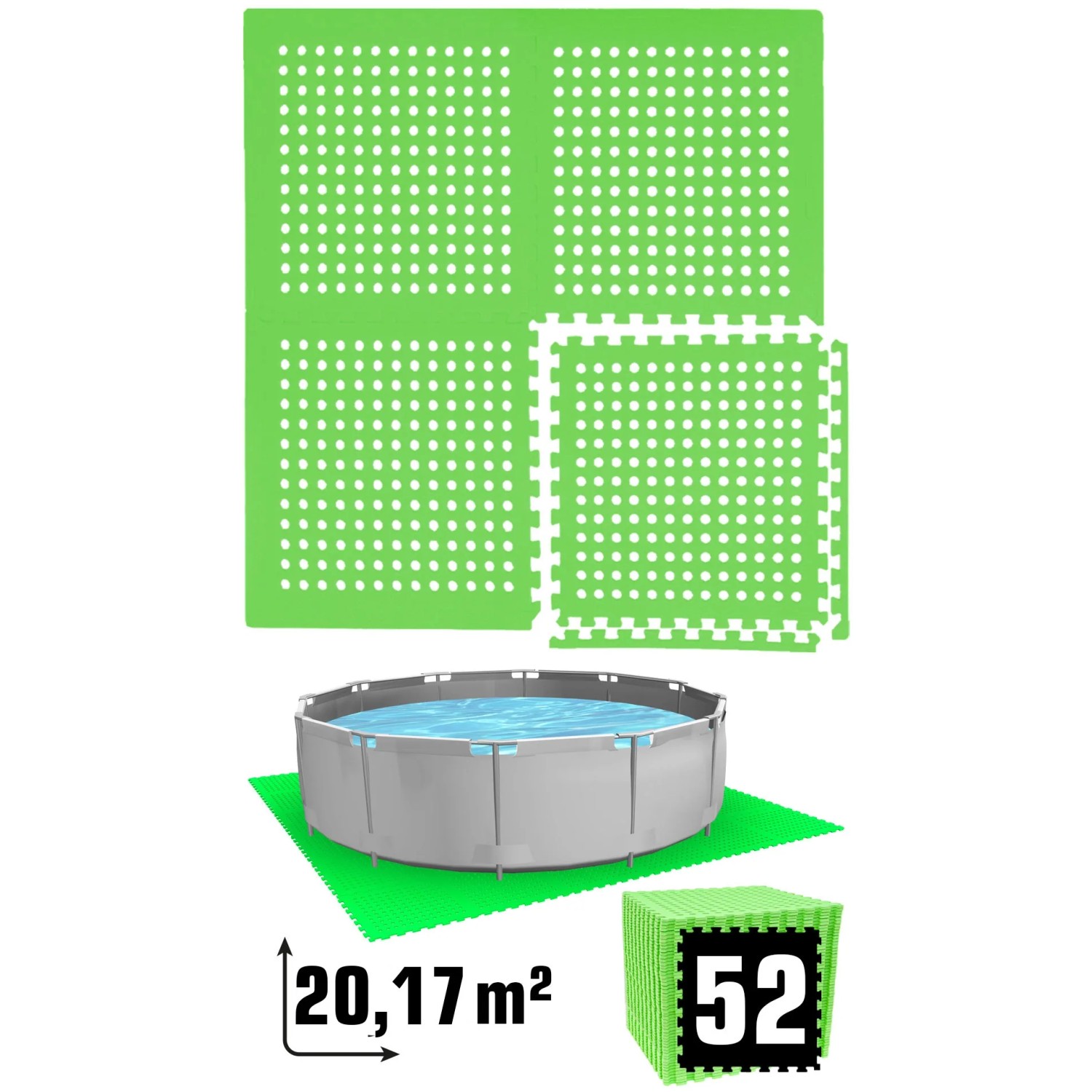 Grüne eyepower Poolunterlage für 366 cm Pool, bestehend aus 52 EVA Matten (1 cm dick).