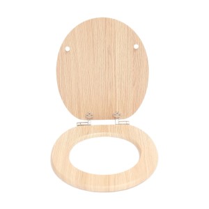 SINOBATH WC-Sitz aus hellem MDF Holzkern, oval, mit Absenkautomatik und Metallscharnieren.