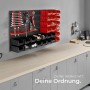 Tectake Kleinteilemagazin mit roten und schwarzen Boxen an Wandplatten zur Werkzeugaufbewahrung.