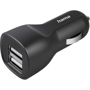 Schwarzes Hama Auto-Ladegerät mit 2 USB-A-Buchsen (12W) für Zigarettenanzünder.