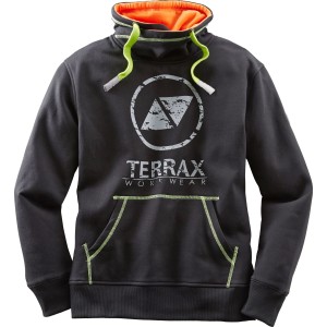 Terrax Workwear Sweatshirt in Schwarz/Limette, Gr. L, mit hohem Kragen und Kängurutasche.
