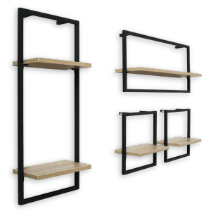 holz4home Wandregal Set, 4-teilig, Sonoma Eiche mit schwarzem Rahmen.