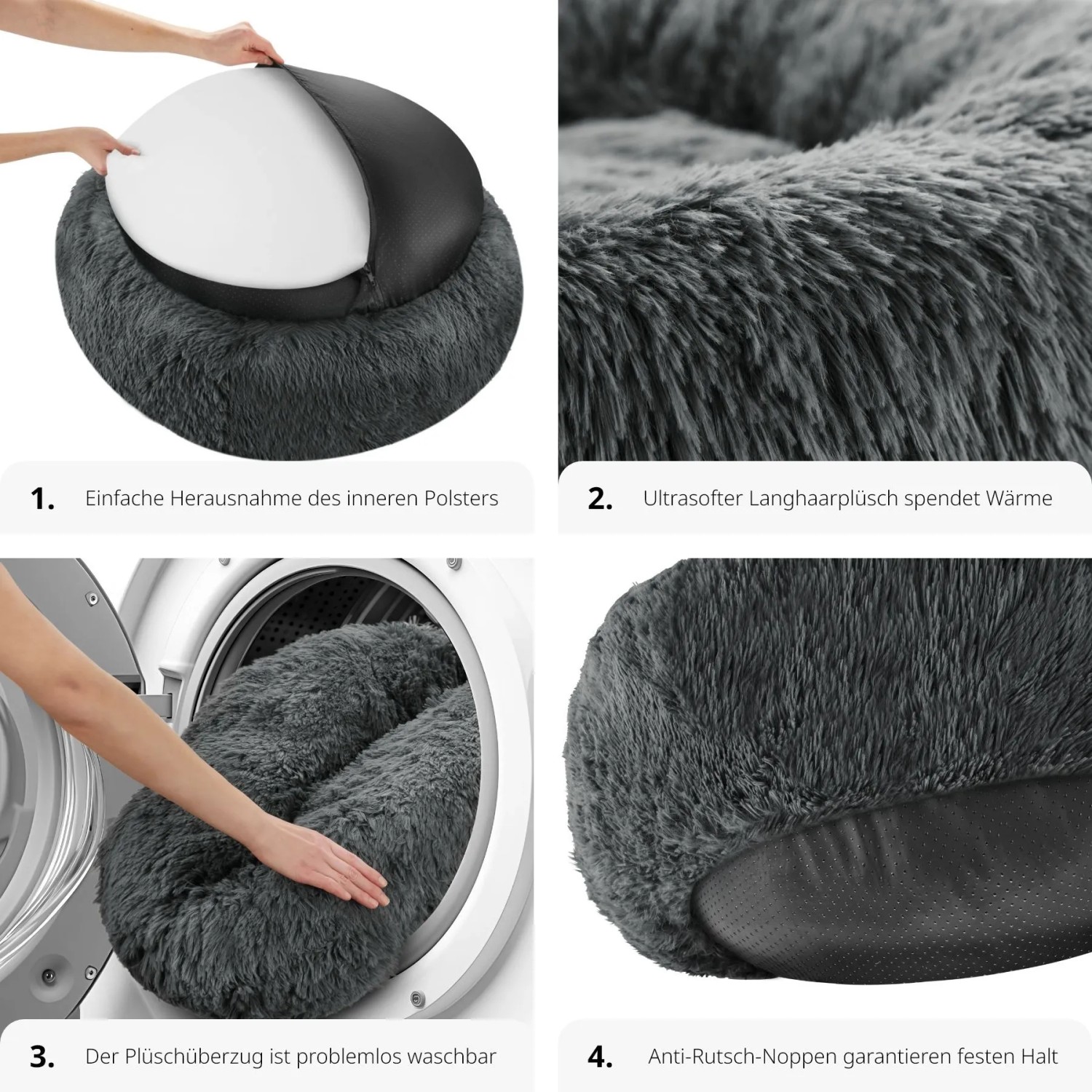 Tectake Hundebett Maja Rund Mit Langem Plüsch Dicke Polsterung Mit Erhöhtem Rand Ø 70 cm 70 x 70 x 22 cm Grau_5