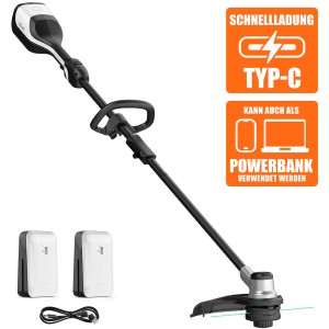 Litheli Akku-Rasentrimmer mit 2 Akkus, die auch als Powerbank dienen können. Ideal für Gartenarbeiten.